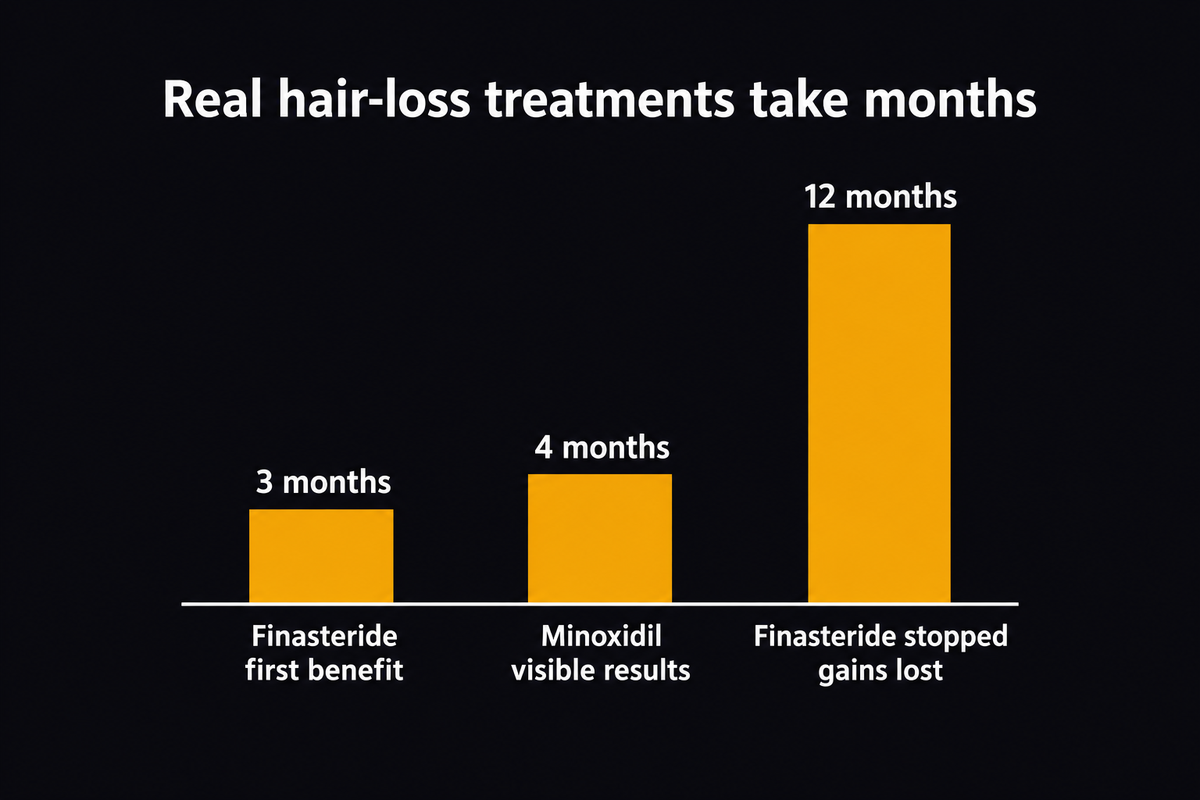 Bar chart of how long real hair loss drugs take: finasteride needs 3 months of daily use before benefit shows, minoxidil can take 4 months to show results, and gains from finasteride are lost within 12 months of stopping